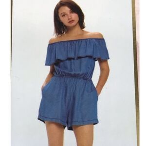 CI SONO Women's  Chambray Med Wash Off The Shoulder Romper Shorts Size XL